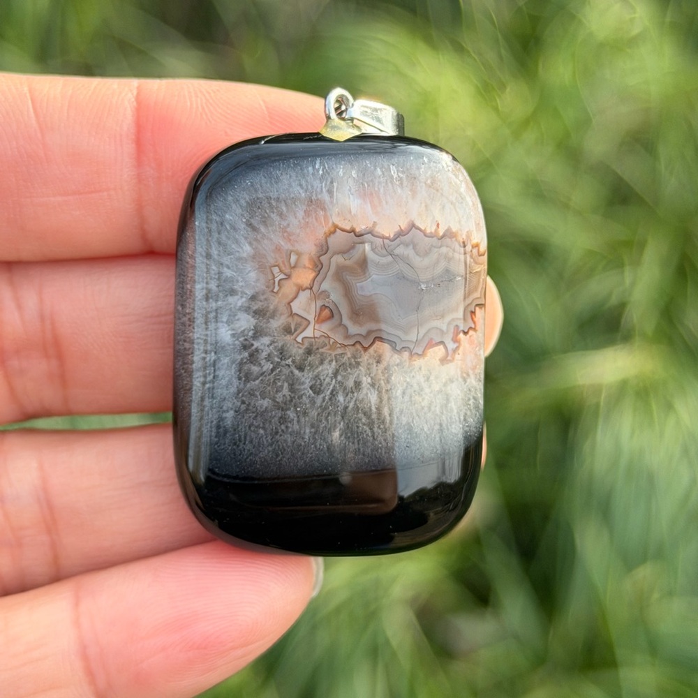 Stainless steel black druzy onyx pendant 1009